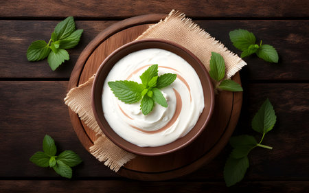 <p>yogurt in a wooden bowl healthy food On dark wooden table and mint leaves, top view</p>の写真素材