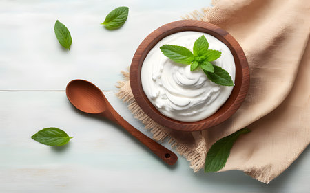 <p>yogurt in a wooden bowl healthy food On dark wooden table and mint leaves, top view</p>の写真素材