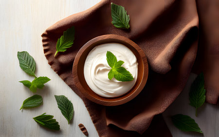 <p>yogurt in a wooden bowl healthy food On dark wooden table and mint leaves, top view</p>の写真素材
