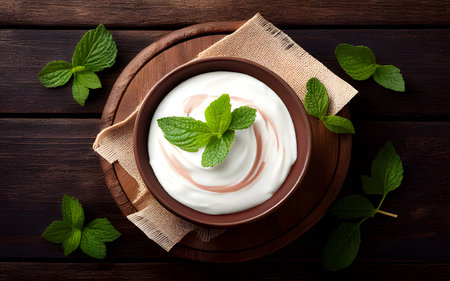 <p>yogurt in a wooden bowl healthy food On dark wooden table and mint leaves, top view</p>の写真素材