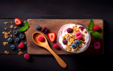 <p>yogurt in a wooden bowl healthy food On dark wooden table and mint leaves, top view</p>の写真素材
