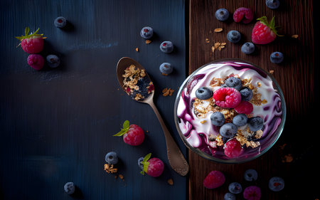 <p>yogurt in a wooden bowl healthy food On dark wooden table and mint leaves, top view</p>の写真素材