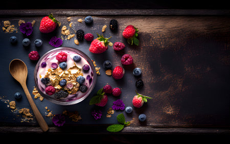 <p>yogurt in a wooden bowl healthy food On dark wooden table and mint leaves, top view</p>の写真素材