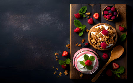 <p><strong>yogurt in a wooden bowl healthy food On dark wooden table and mint leaves, top view</strong></p>の写真素材