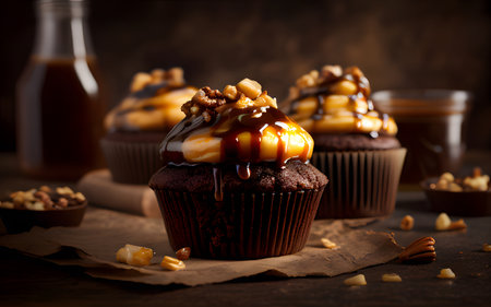 Chocolate cupcakes with caramel sauce and nuts on wooden background.の写真素材