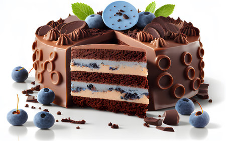 Chocolate cake with blueberries and mint on a white background.の写真素材