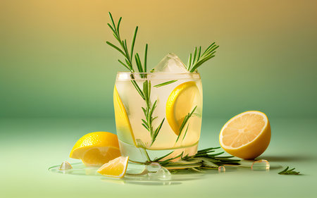 Cocktail with lemon, rosemary and ice on green backgroundの写真素材