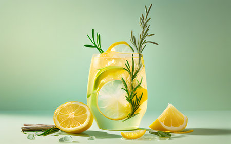 Refreshing lemonade with lemon, rosemary and ice on green backgroundの写真素材