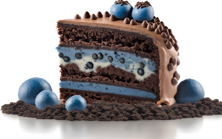 Chocolate cake with blueberries and chocolate glaze on a white backgroundの写真素材