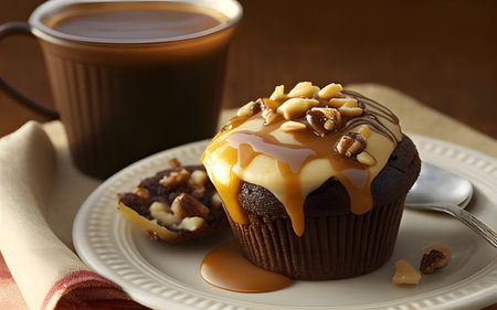 Cupcake with caramel and nuts on a plate with a cup of coffeeの写真素材