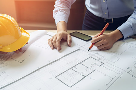 Architect or engineer working on blueprint at office desk, Construction concept.の素材