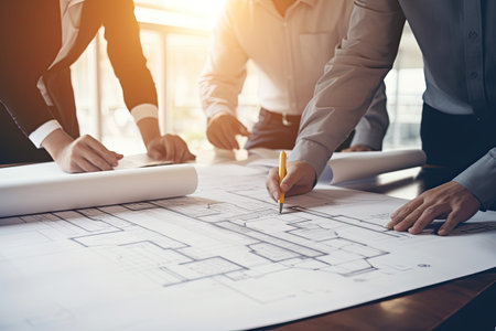 Construction of an engineer's or architect's project with partners and on - site engineering toolsの素材