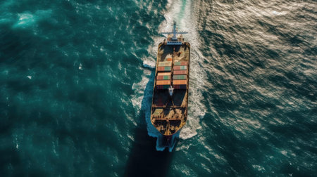 Close up top view image cargo ship sailing in the open seaの素材