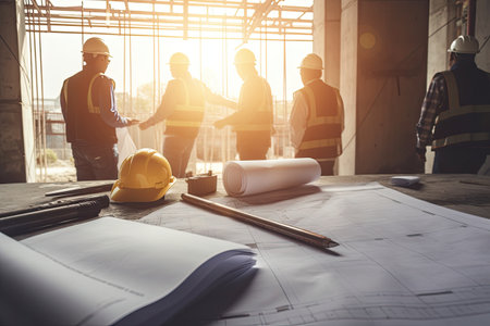 Engineer and Architect working on blueprint at construction site. Engineering and architecture concept.の素材