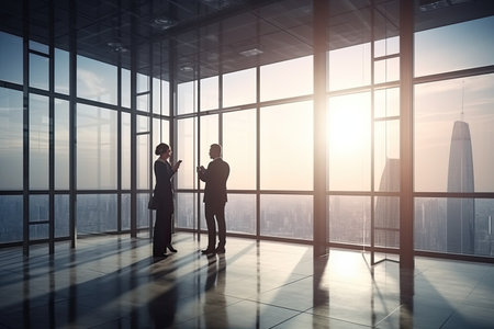 Business people talking in modern office with panoramic window and city viewの素材