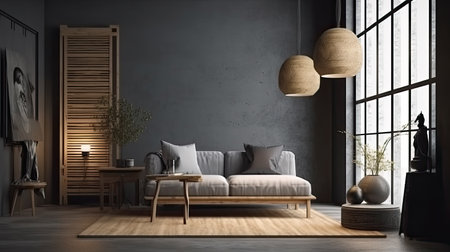 Interior of modern living room with grey walls, concrete floor, comfortable sofa and wooden coffee table. 3d renderingの素材