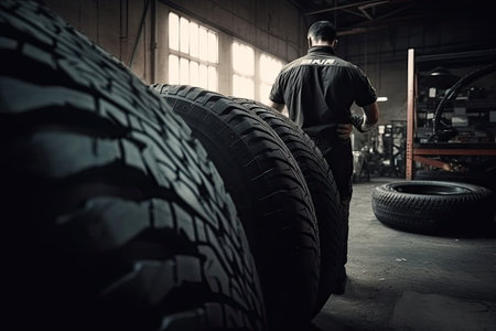 Car mechanic checking tire in auto repair shop. Car service concept.の素材