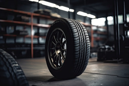 Car tire on the floor in a car repair shop. Auto service industry.の素材