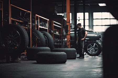 Car mechanic changing tires in auto repair shop. Auto service industry.の素材