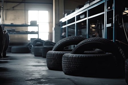 Tires in a car repair shop. Black and white photo.の素材
