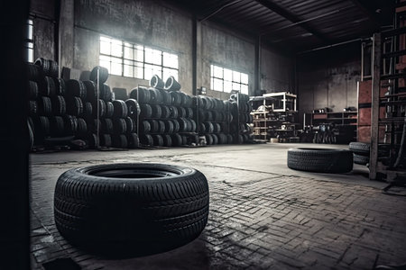 Car tires in a garage. Tires in the garage. Industrial background.の素材