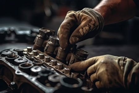 Close-up of mechanic hands in gloves working on car engine.の素材
