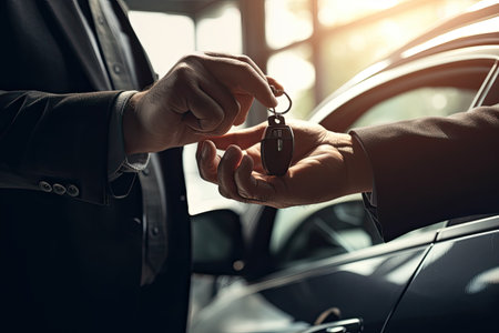 Car dealer giving keys to customer in auto showroom, closeupの素材