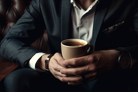 Close-up of a business man holding a cup of coffee.の素材