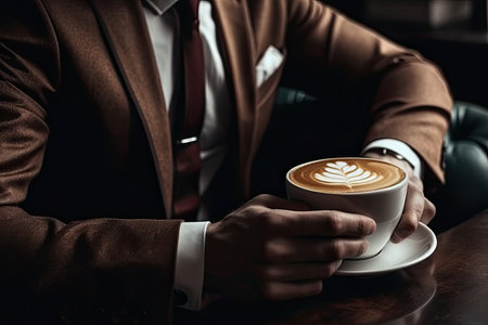 Close up of a cup of coffee in the hands of a businessmanの素材