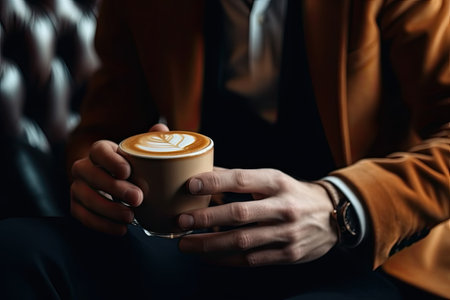 cropped view of man holding cup of cappuccino in cafeの素材