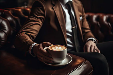 Close-up of a cup of coffee in the hands of a businessmanの素材