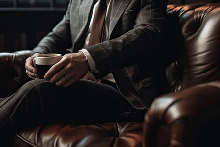 cropped shot of businessman holding coffee cup while sitting on leather sofaの素材