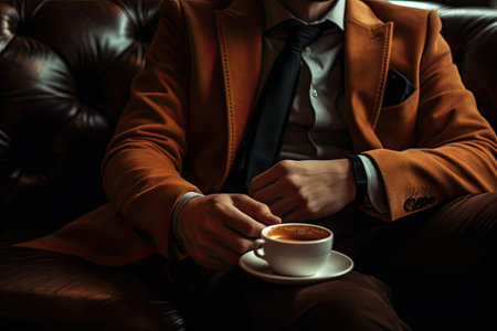 Close up of a man in a suit drinking coffee at home.の素材