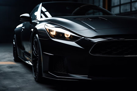 Close-up of a modern black sports car in the parking lotの素材