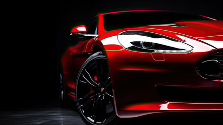 Red sports car coupe on dark background. 3d rendering.の素材