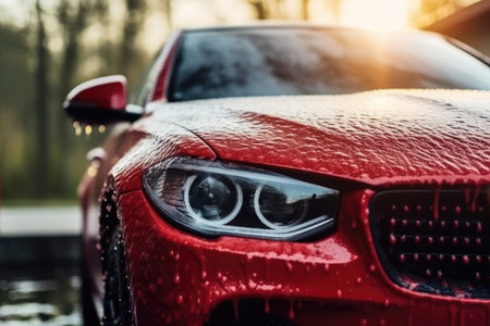 Car wash concept. Close up of red car headlight on blurred backgroundの素材