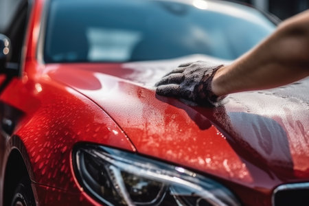 Close-up of a man washing a red car with a spongeの素材