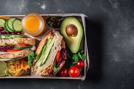 Healthy lunch box with sandwiches, vegetables, fruits and juice, top viewの素材