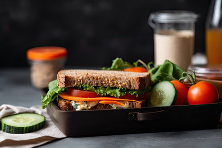 Homemade healthy sandwich with fresh vegetables and cheese on a black backgroundの素材