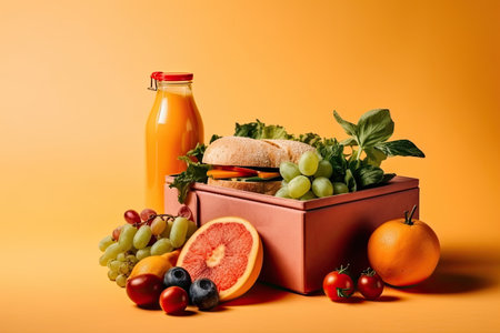 Healthy lunch box with fruits, vegetables and juice on orange backgroundの素材