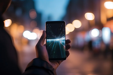 Close-up of a woman using a smartphone in the city at nightの素材
