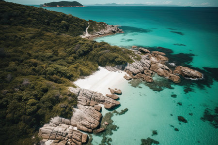 Aerial view of beautiful tropical beach with white sand and turquoise waterの素材