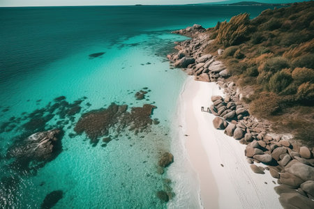 Aerial view of beautiful beach with white sand and turquoise water.の素材