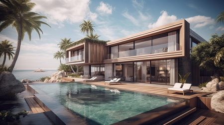 3d rendering of modern cozy house with pool and parking for sale or rent in luxurious style by the sea or oceanの素材