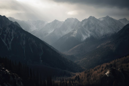 Mountain landscape with snow and fog. Caucasus Mountains, Georgia.の素材