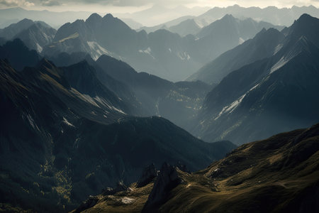 Beautiful alpine landscape with mountains in the background. Color toning.の素材