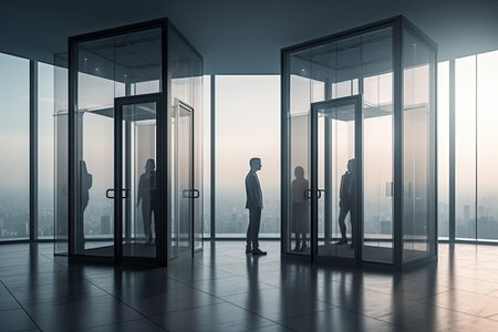 Silhouettes of business people in glass elevator with city view. 3D Renderingの素材