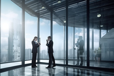Business people in modern office interior with window and city view. Mixed mediaの素材