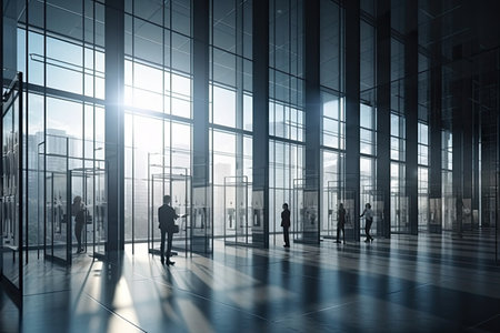 Silhouettes of business people in modern office interior. Mixed mediaの素材