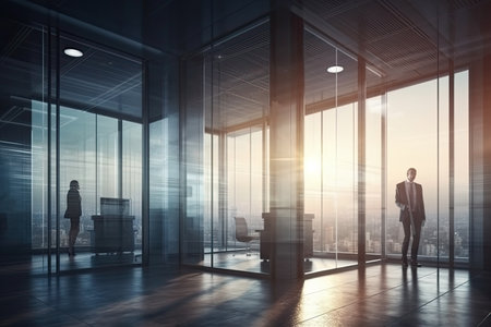 Businessman in modern office interior with glass walls, tiled floor and sunlight. Toned image double exposureの素材